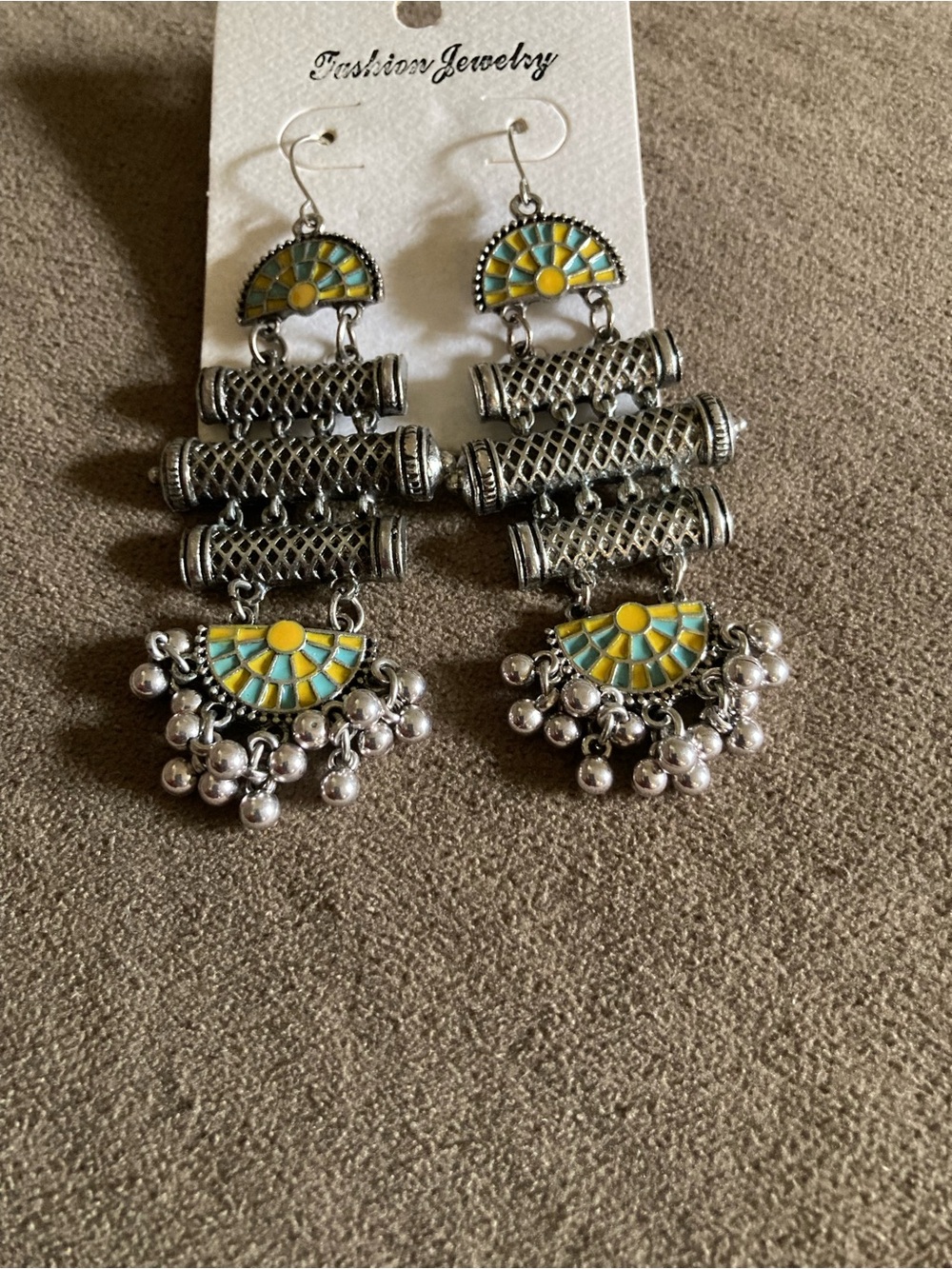 Fashion Jewelry Silver-Tone Drop Earrings with Yellow and Teal Enamel